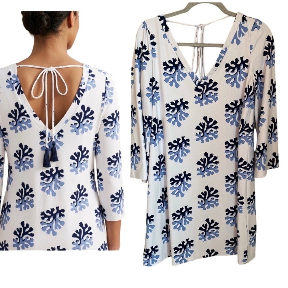 Persifor Brie Dress White Blue Coral Print Womens Size M Stretch Resort Travel